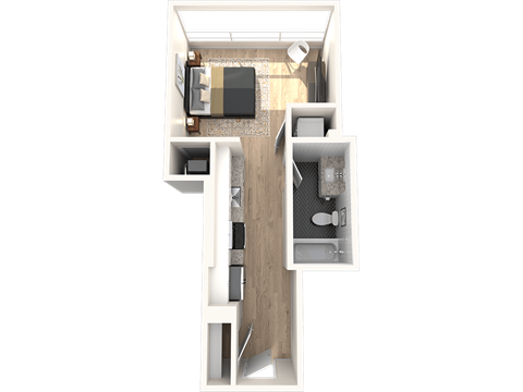 A top down view of a modern apartment layout.